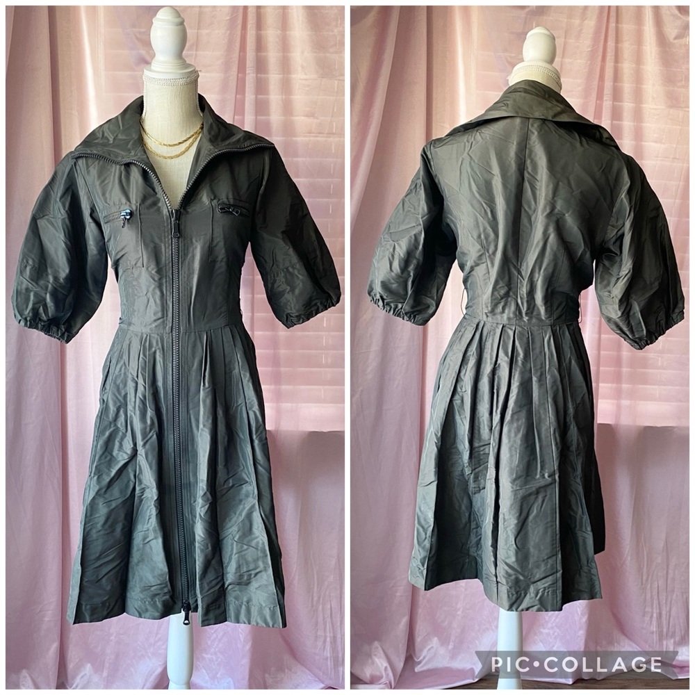 Per Se Silk Dark Green Ballon Sleeve midi Dress size M